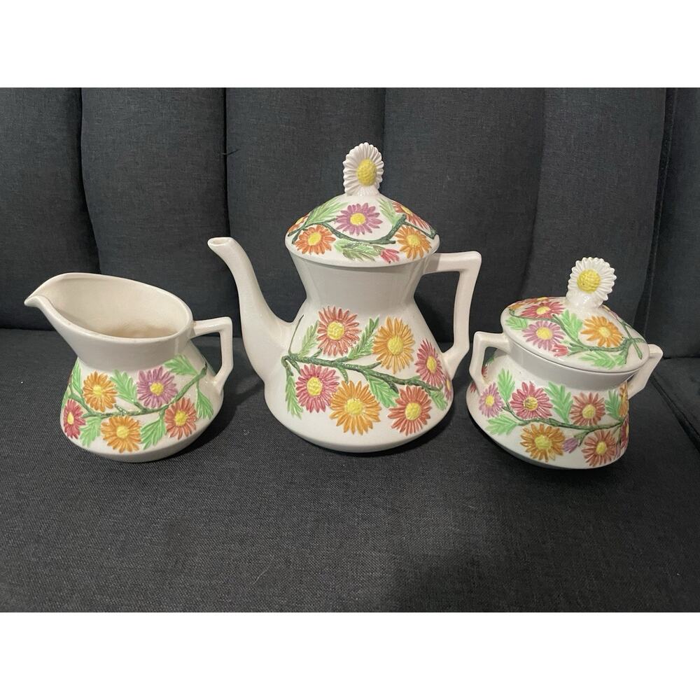 Vintage 1970s Hand painted raised Flowers Tea set